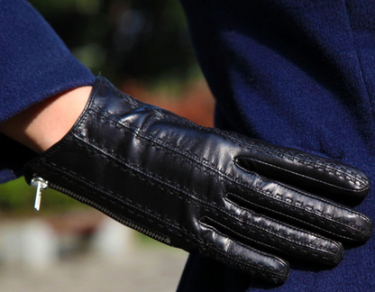 Women’s Leather Gloves in Black Sheepskin with Fleece Lining and Side Zipper
