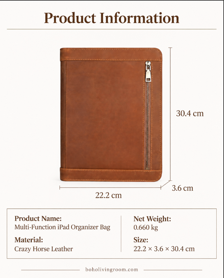 Leather iPad Organizer Portfolio in Crazy Horse Leather for Business