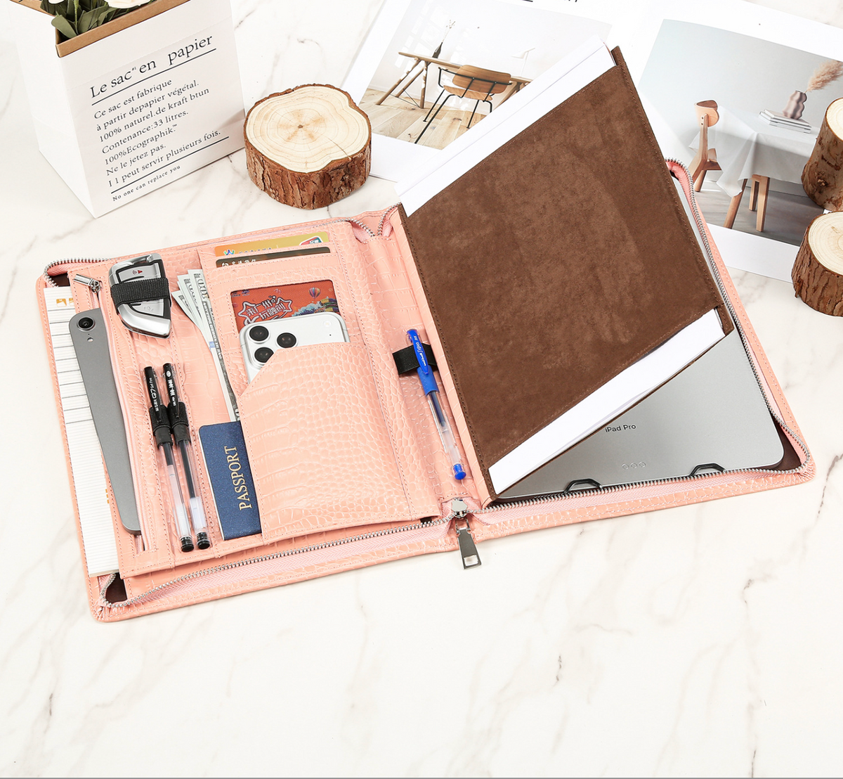 Leather Tablet Organizer for 13-Inch iPad with Crocodile Pattern
