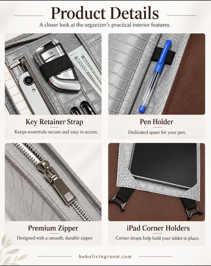 Leather Tablet Organizer for 13-Inch iPad with Crocodile Pattern