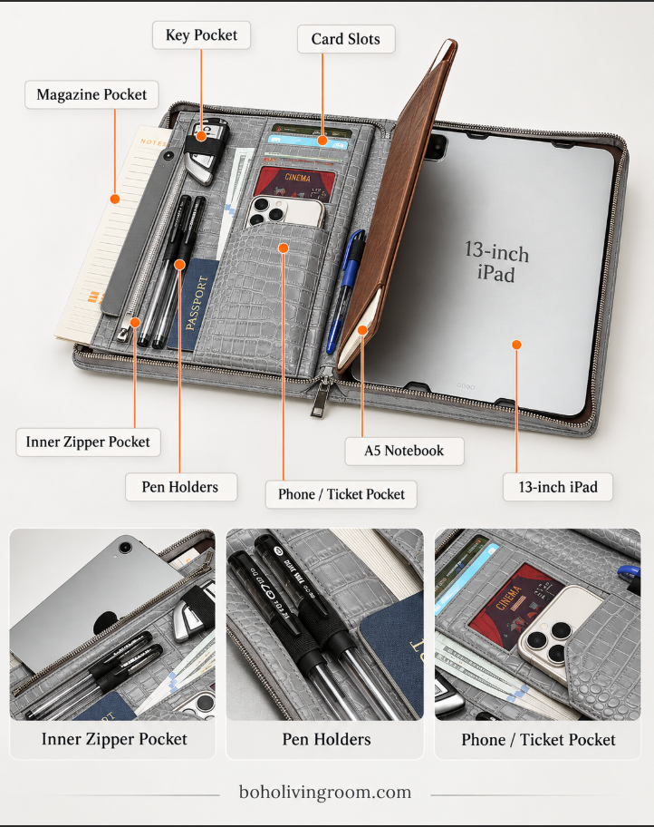 Leather Tablet Organizer for 13-Inch iPad with Crocodile Pattern