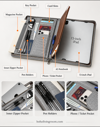 Leather Tablet Organizer for 13-Inch iPad with Crocodile Pattern