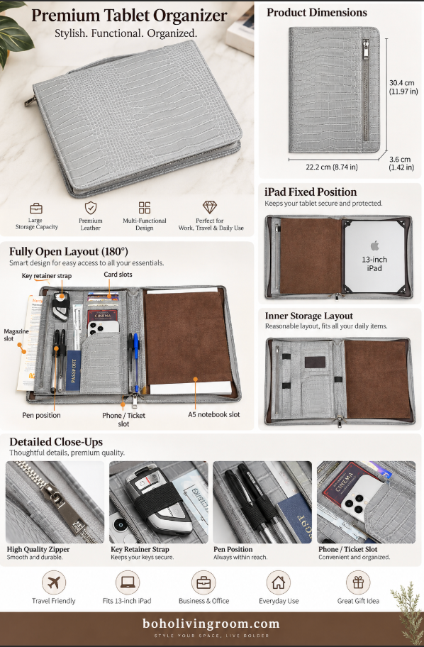 Leather Tablet Organizer for 13-Inch iPad with Crocodile Pattern