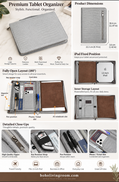 Leather Tablet Organizer for 13-Inch iPad with Crocodile Pattern