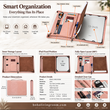 Leather Tablet Organizer for 13-Inch iPad with Crocodile Pattern