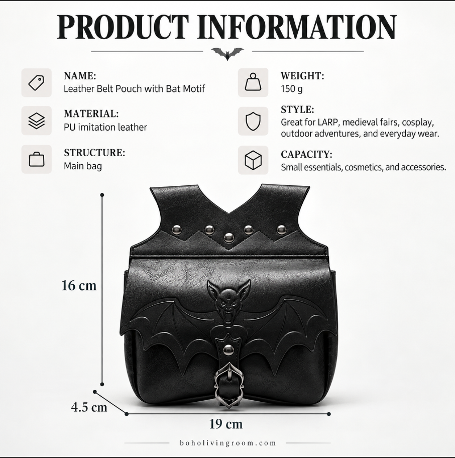 Waist Bag for Women in Black PU with Gothic Bat Detail