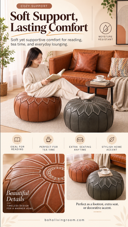 Round Faux Leather Pouf Ottoman Cover with Pumpkin Stitching
