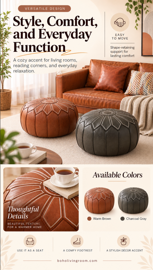 Round Faux Leather Pouf Ottoman Cover with Pumpkin Stitching