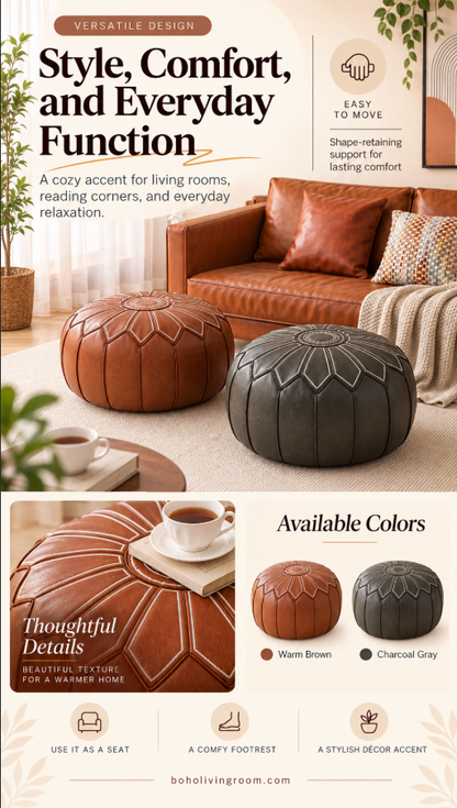 Round Faux Leather Pouf Ottoman Cover with Pumpkin Stitching