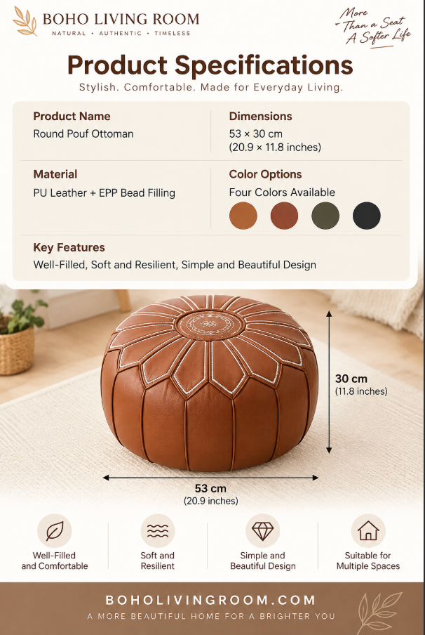 Round Faux Leather Pouf Ottoman Cover with Pumpkin Stitching