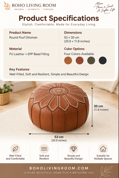 Round Faux Leather Pouf Ottoman Cover with Pumpkin Stitching