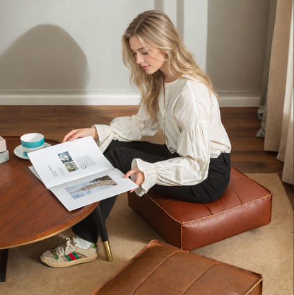 Faux Leather Pouf Ottoman Floor Cushion Cover