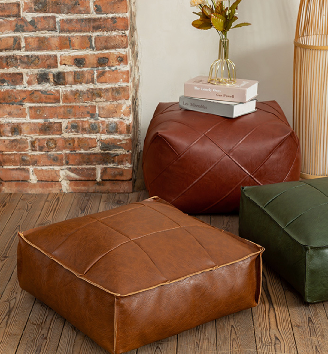 Faux Leather Pouf Ottoman Floor Cushion Cover