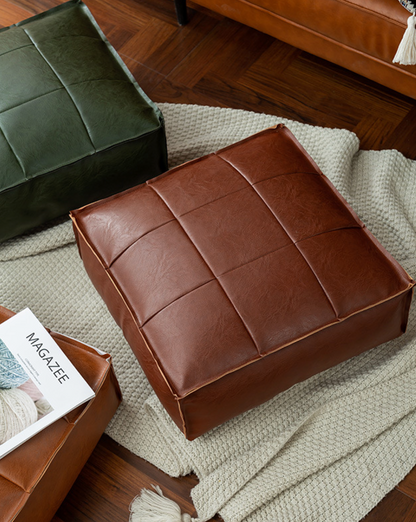 Faux Leather Pouf Ottoman Floor Cushion Cover