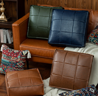 Faux Leather Pouf Ottoman Floor Cushion Cover