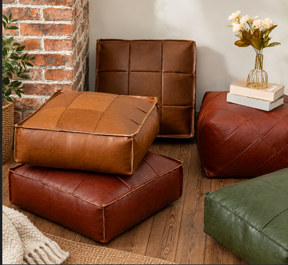 Faux Leather Pouf Ottoman Floor Cushion Cover