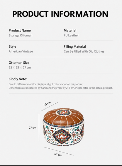 Faux Leather Pouf Ottoman with Vintage Floral Storage Design