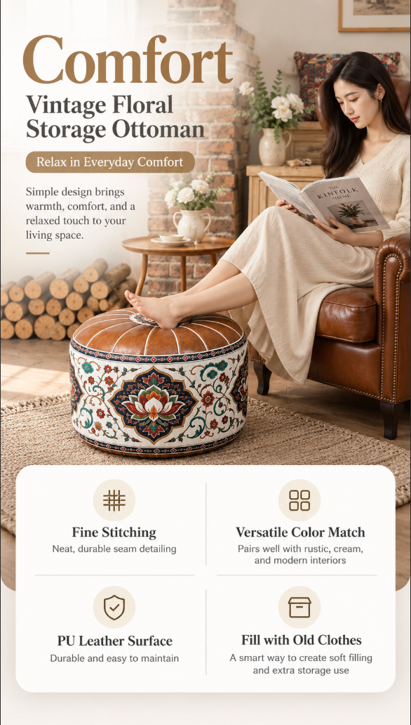 Faux Leather Pouf Ottoman with Vintage Floral Storage Design