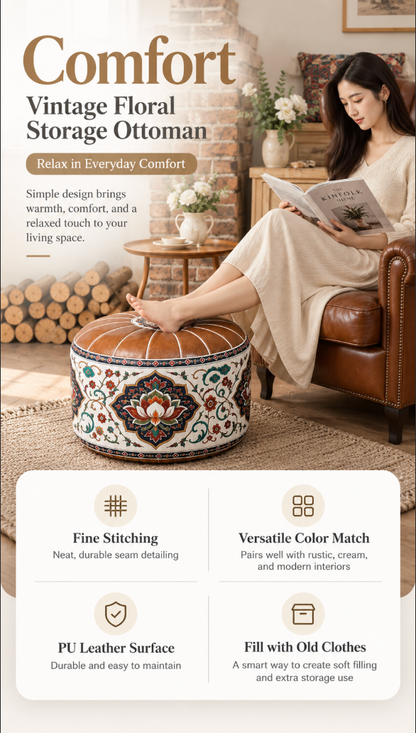 Faux Leather Pouf Ottoman with Vintage Floral Storage Design
