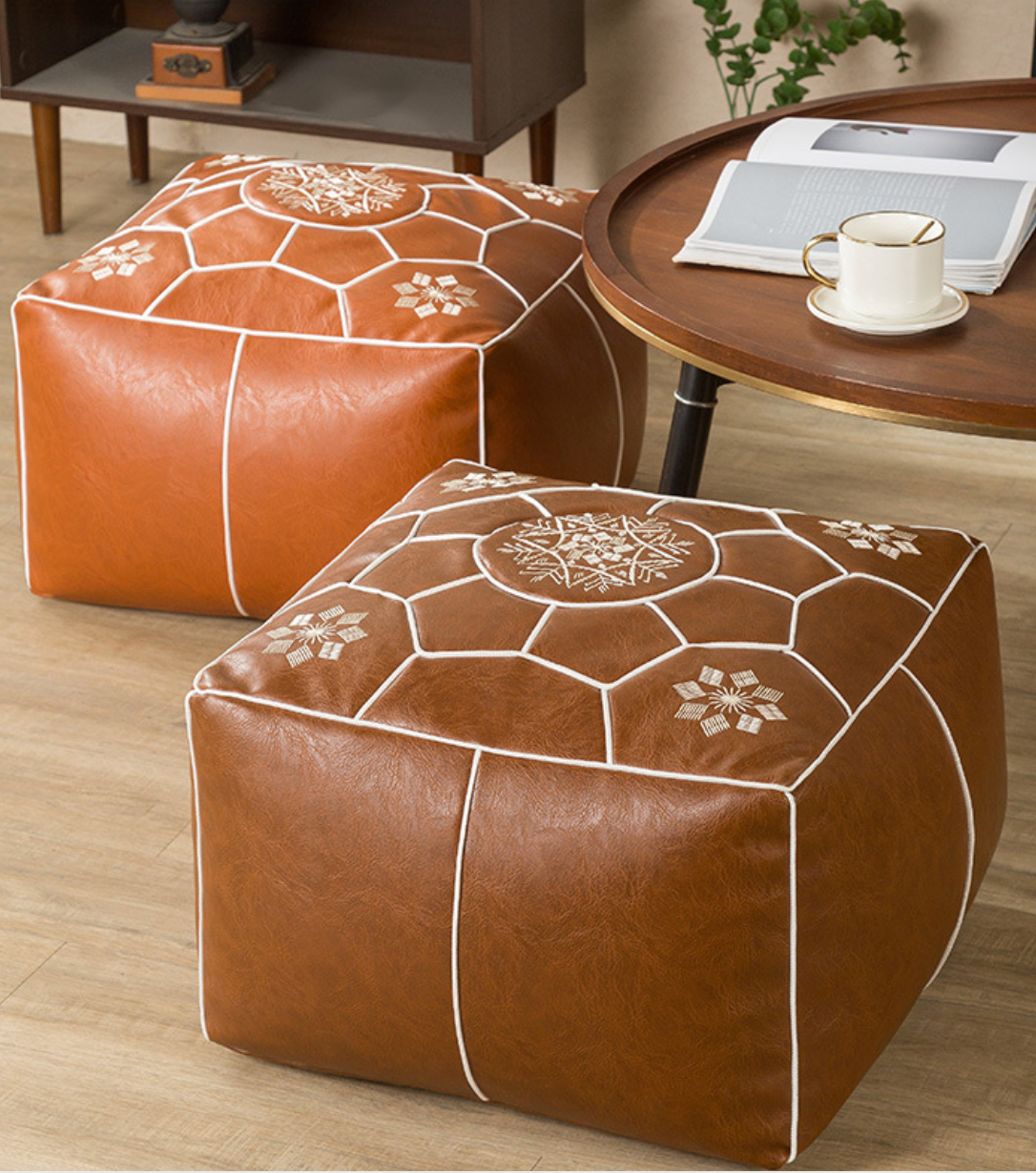 Moroccan Square Pouf Ottoman Faux Leather Floor Cushion Cover