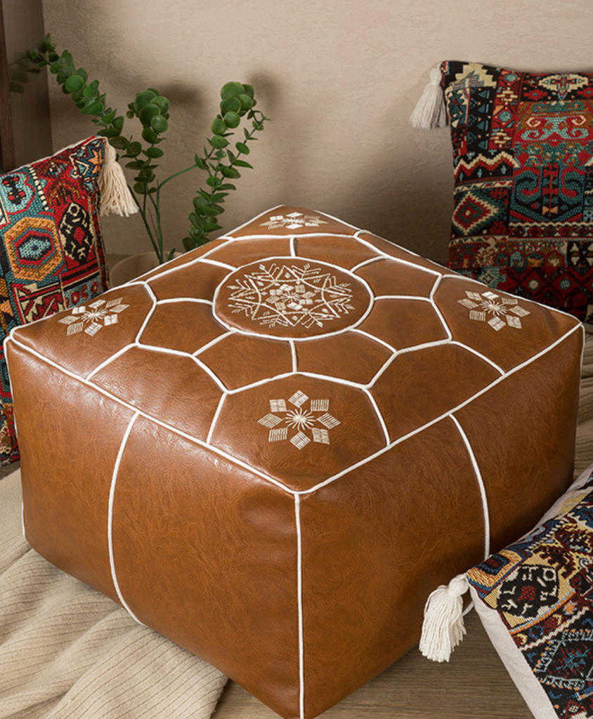 Moroccan Square Pouf Ottoman Faux Leather Floor Cushion Cover Dark