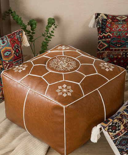 Moroccan Square Pouf Ottoman Faux Leather Floor Cushion Cover Dark