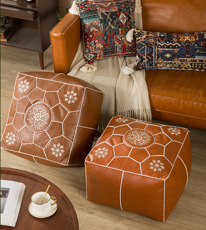 Moroccan Square Pouf Ottoman Faux Leather Floor Cushion Cover