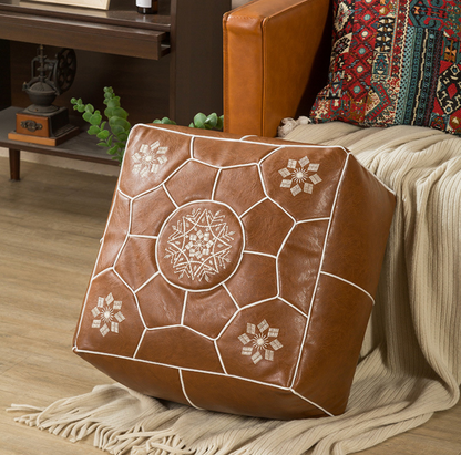 Moroccan Square Pouf Ottoman Faux Leather Floor Cushion Cover