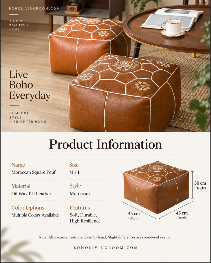 Moroccan Square Pouf Ottoman Faux Leather Floor Cushion Cover