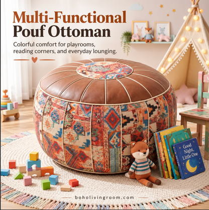 Faux Leather Pouf Ottoman with Bohemian Print for Living Rooms