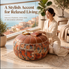 Faux Leather Pouf Ottoman with Bohemian Print for Living Rooms