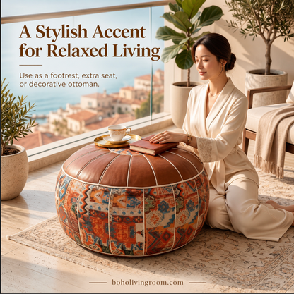 Faux Leather Pouf Ottoman with Bohemian Print for Living Rooms