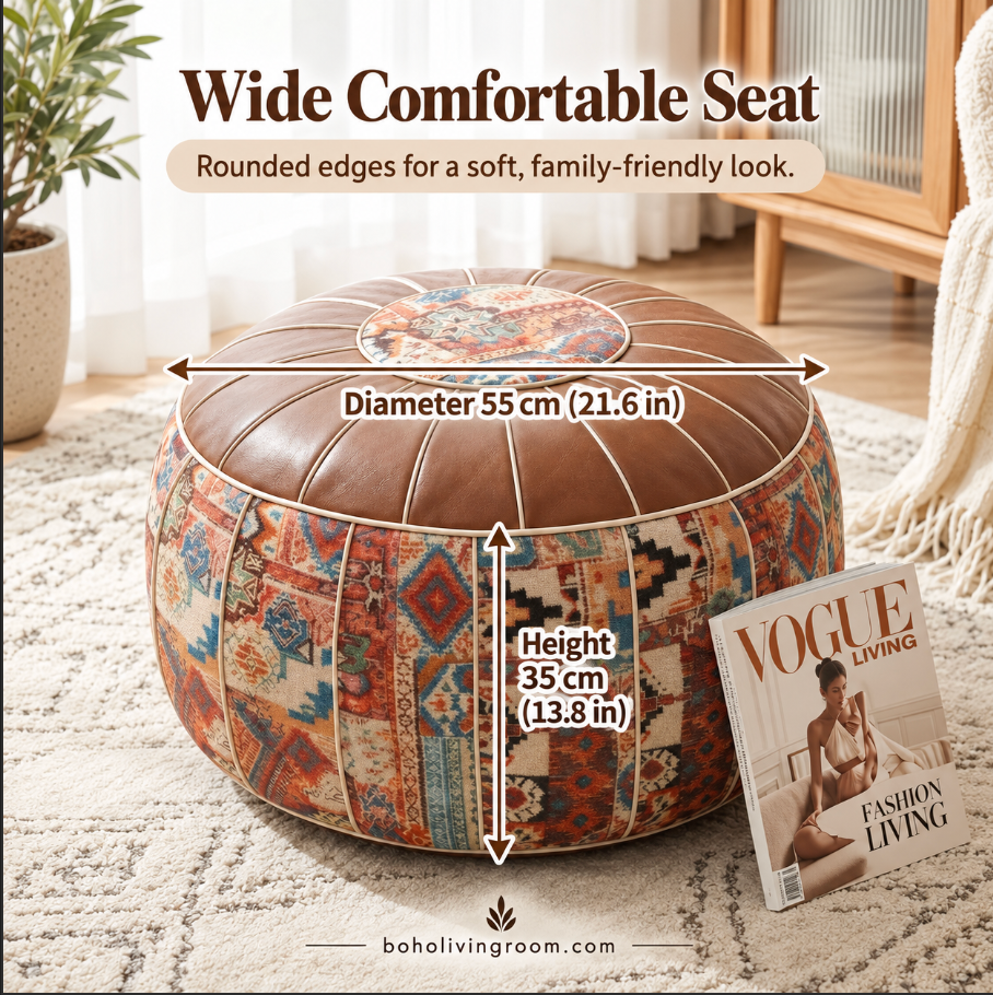 Faux Leather Pouf Ottoman with Bohemian Print for Living Rooms