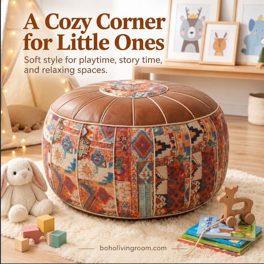 Faux Leather Pouf Ottoman with Bohemian Print for Living Rooms