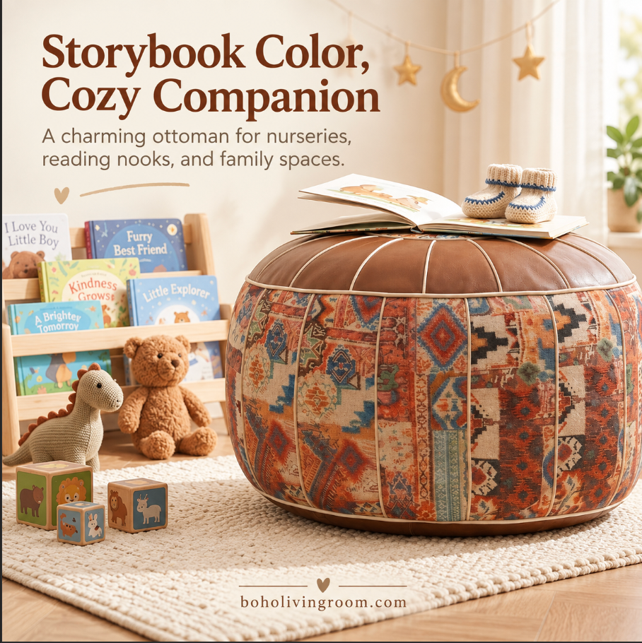Faux Leather Pouf Ottoman with Bohemian Print for Living Rooms