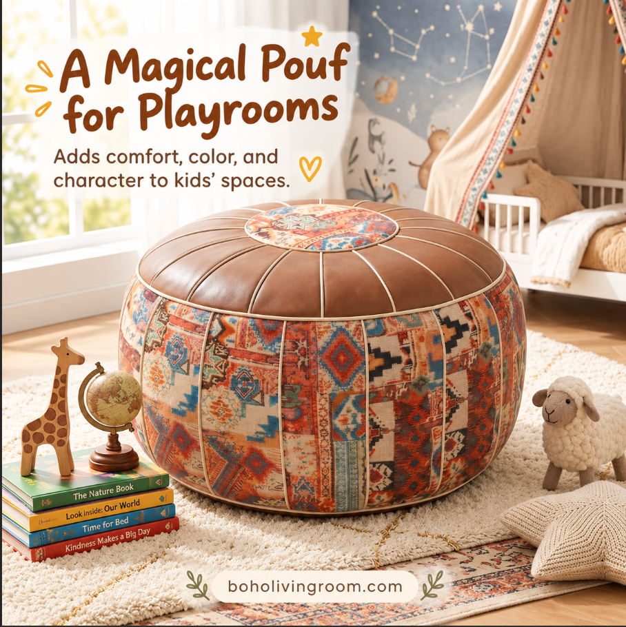 Faux Leather Pouf Ottoman with Bohemian Print for Living Rooms