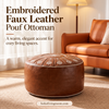 Faux Leather Pouf Ottoman with Floral Embroidery Detail