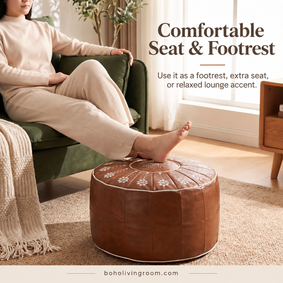 Faux Leather Pouf Ottoman with Floral Embroidery Detail