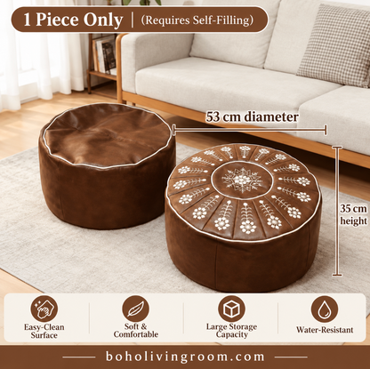 Faux Leather Pouf Ottoman with Floral Embroidery Detail