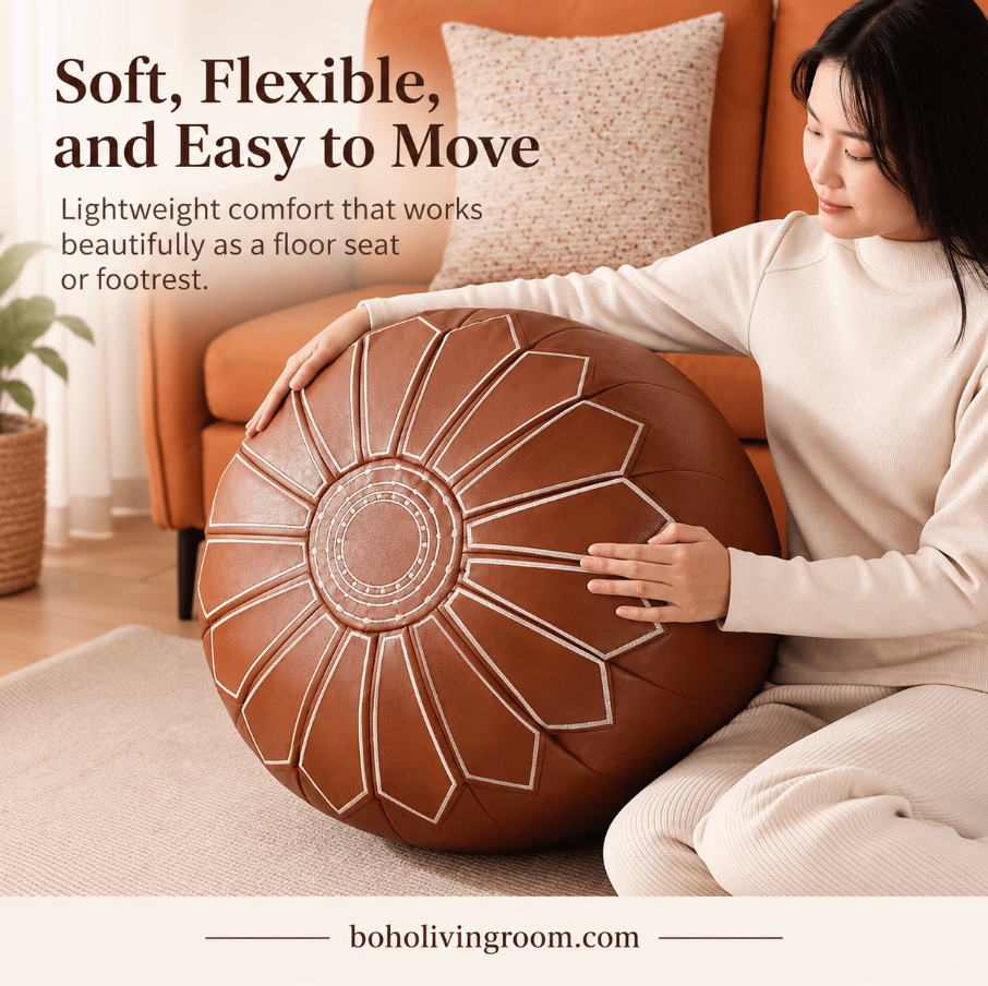 Faux Leather Pouf Ottoman with Floral Embroidery Detail