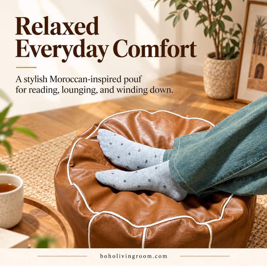 Faux Leather Pouf Ottoman with Floral Embroidery Detail