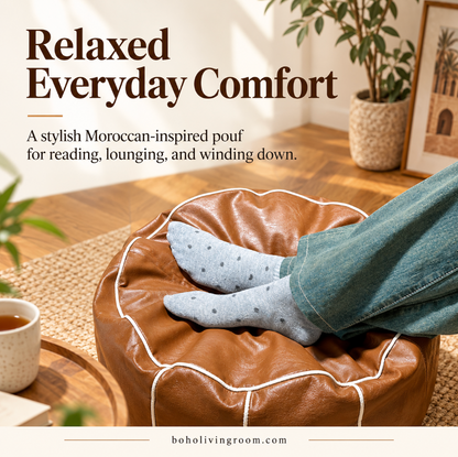Faux Leather Pouf Ottoman with Floral Embroidery Detail