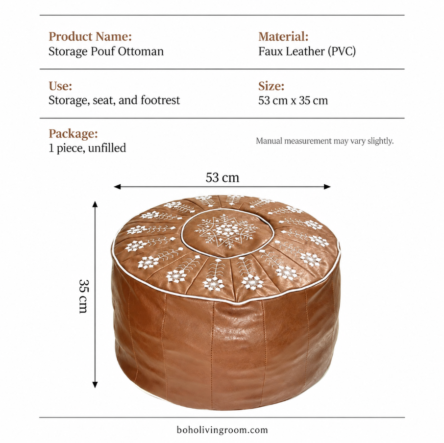 Faux Leather Pouf Ottoman with Floral Embroidery Detail