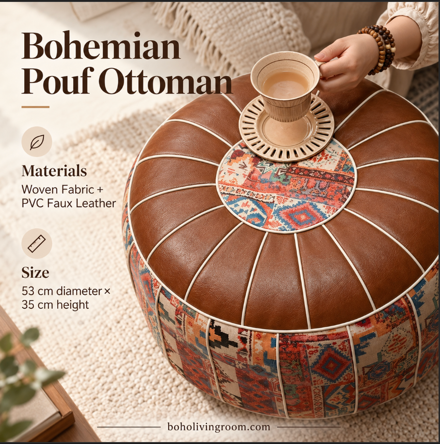 Faux Leather Pouf Ottoman with Bohemian Pattern and Zipper Storage