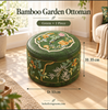 Faux Leather Pouf Ottoman with Green Bird Print