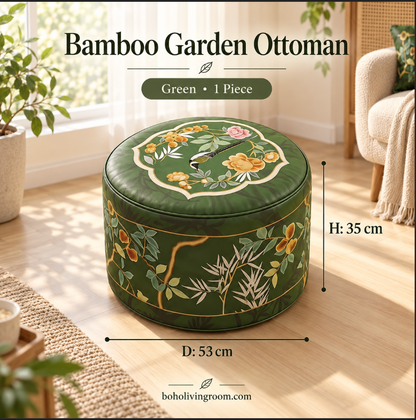 Faux Leather Pouf Ottoman with Green Bird Print
