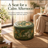 Faux Leather Pouf Ottoman with Green Bird Print