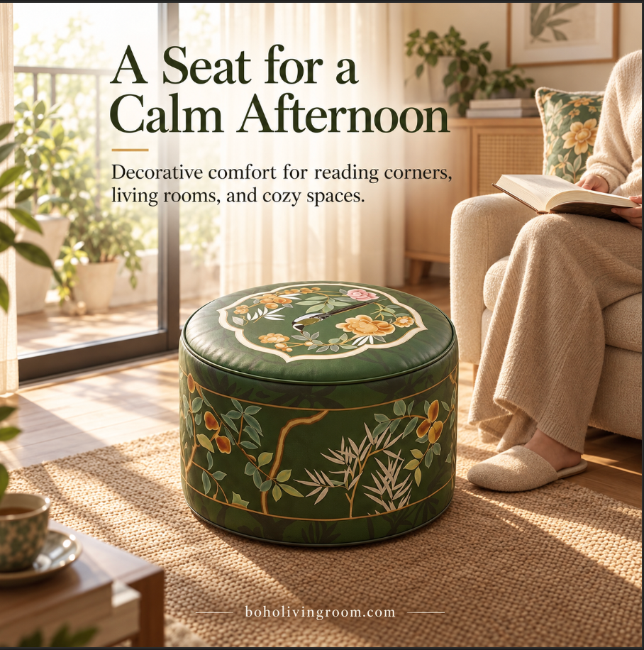 Faux Leather Pouf Ottoman with Green Bird Print