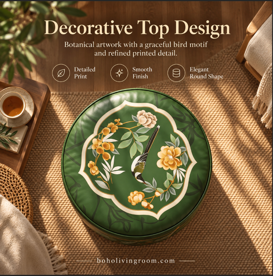 Faux Leather Pouf Ottoman with Green Bird Print