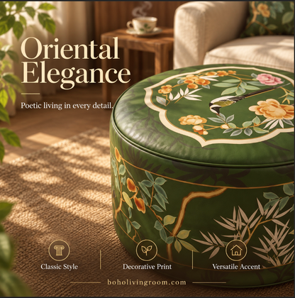 Faux Leather Pouf Ottoman with Green Bird Print